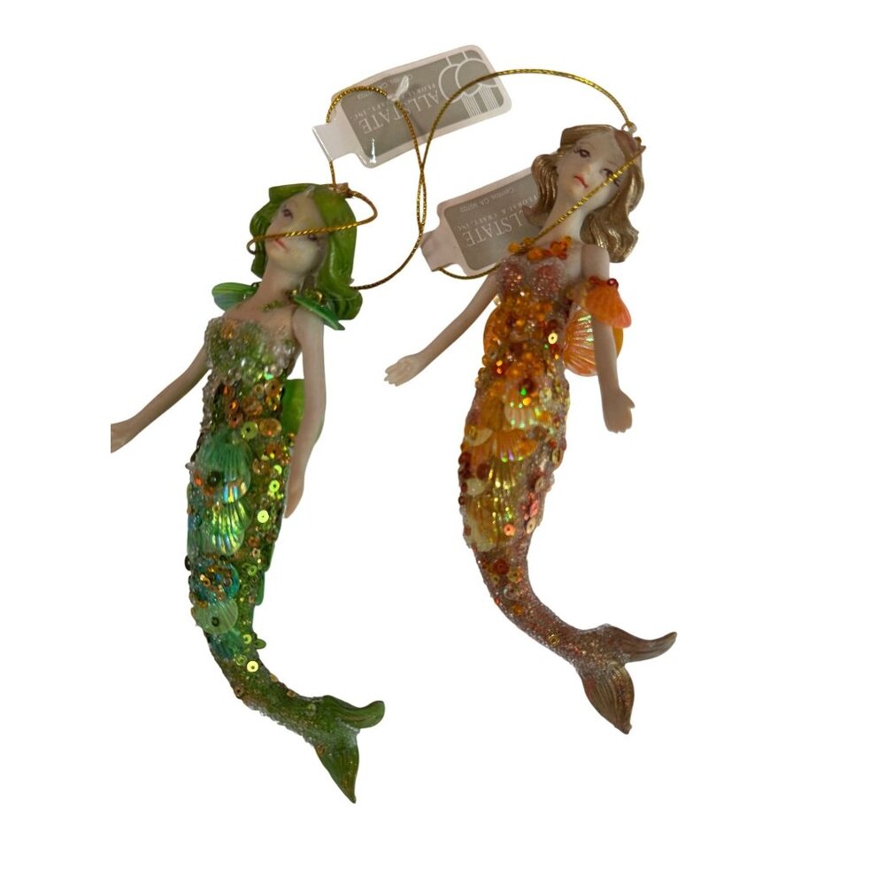 Allstate Mermaid Holiday Ornaments Orange & Green Sequined 6.5 Inch Set Of 2